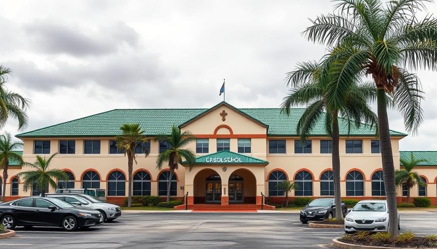 School building and parking lot with palm trees and cars, typical scene.