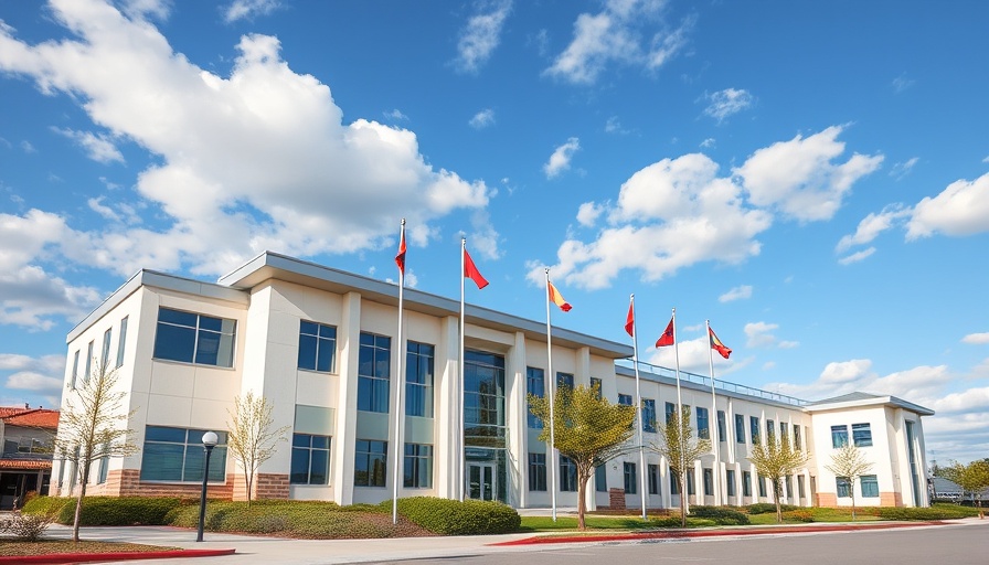 Lee County educational building under sunny sky with flags.