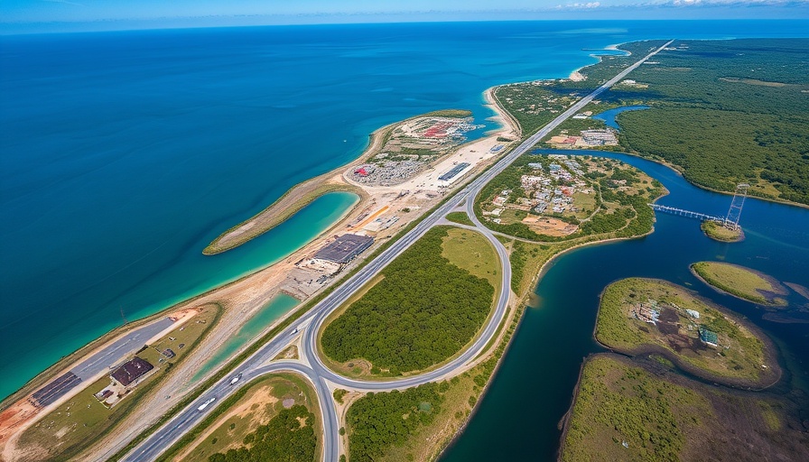 Aerial view of Pine Island construction delays affecting workers, showing roads and water.
