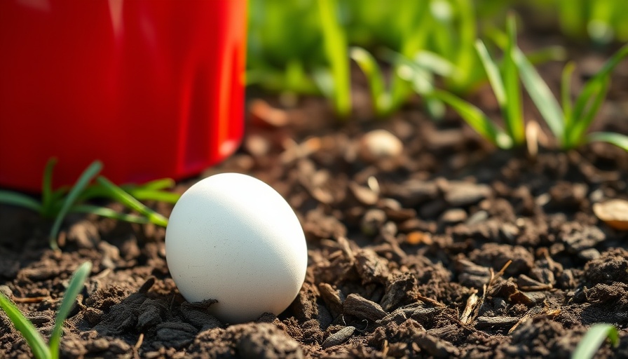 Farm-fresh egg on soil near red bucket, sustainable farming.
