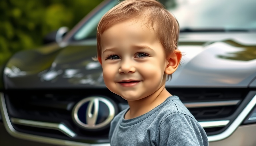 Innocent young child smiling outdoors in front of a car.