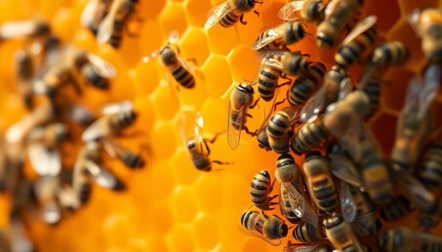 Honeycomb with honey bees showcasing natural activity, highlighting honey bee die off concerns.