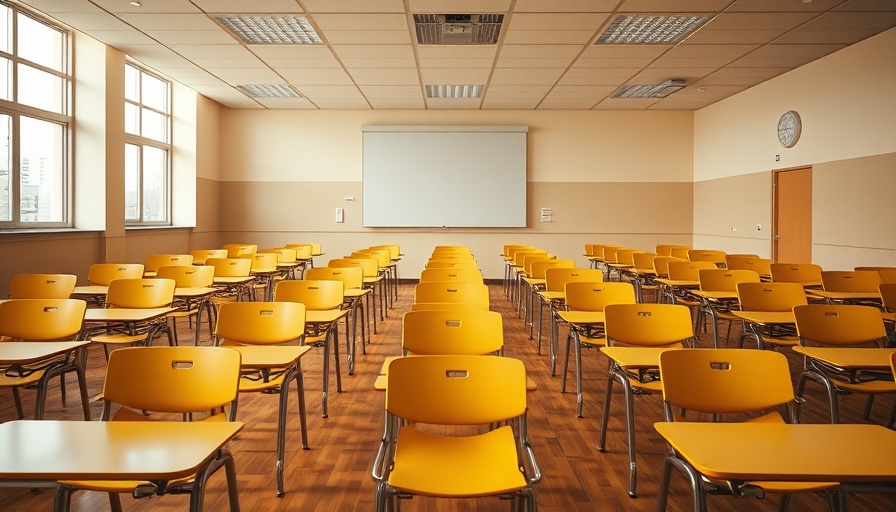 Empty classroom with yellow desks, highlighting Lehigh Acres teachers' success.