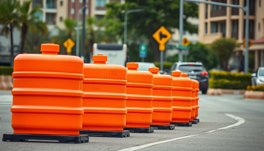 Orange traffic barrels in Charlotte County roadwork scene.