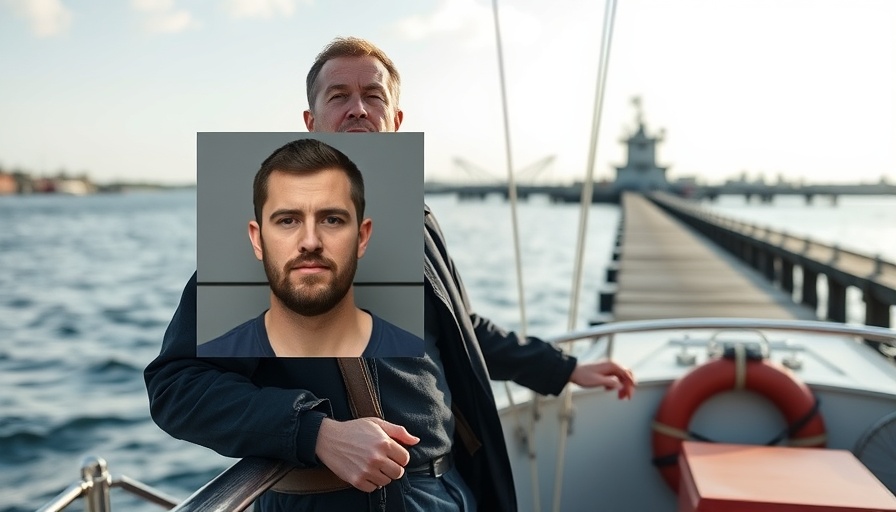 Charter captain on boat with inset mugshot against water.
