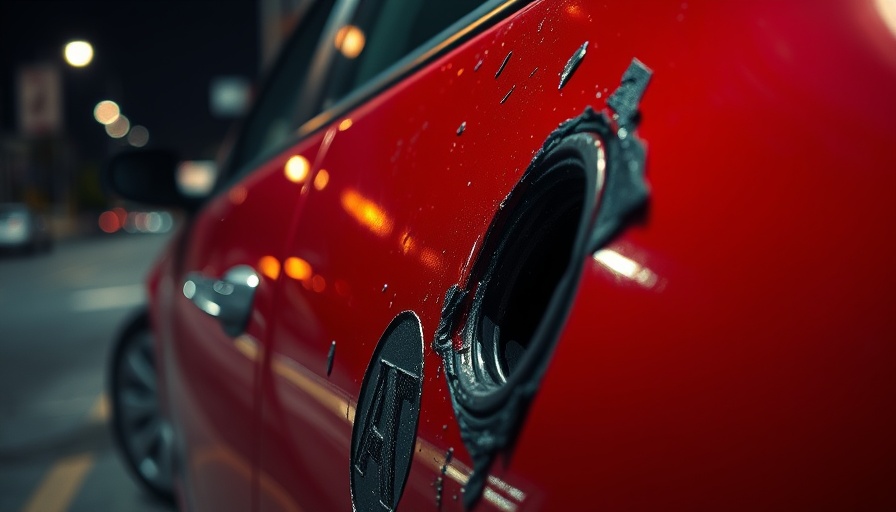 Close-up of a red car door with a bullet hole from road rage incident.