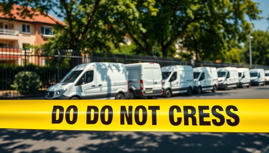 Yellow police tape in suburban area with vans, daylight scene.