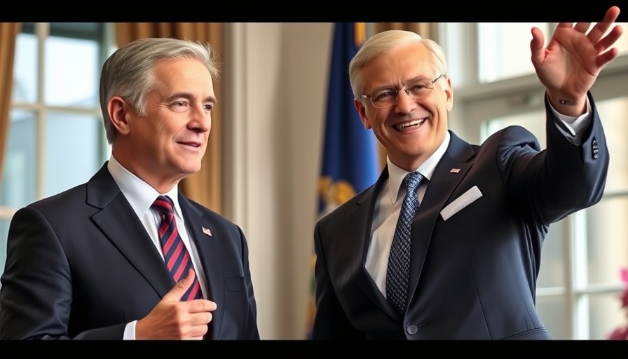 Two men in suits at a formal event beside a flag, one waving.