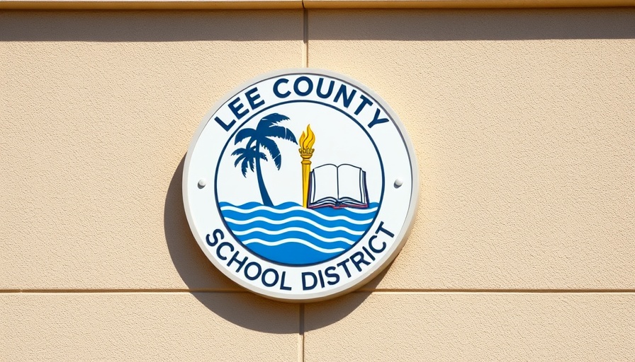 Lee County School District emblem on building, related to budget cuts.