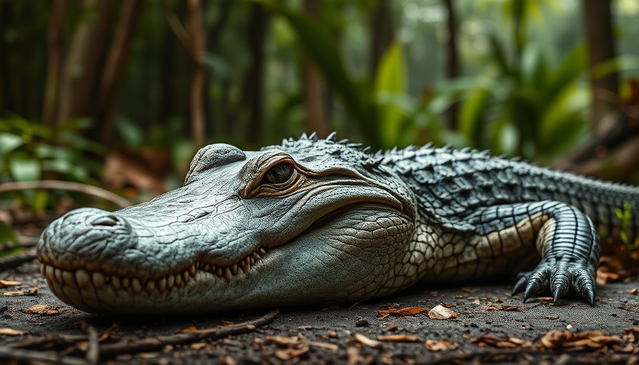 Crocodile resting in Sanibel forest, serene and lifelike.