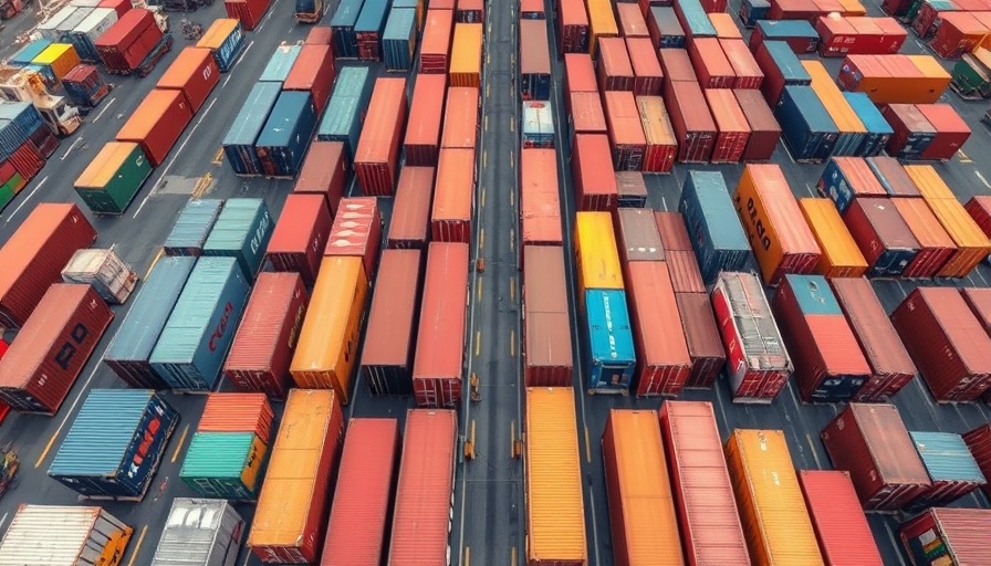 Aerial view of shipping containers and trucks aligned at a port.