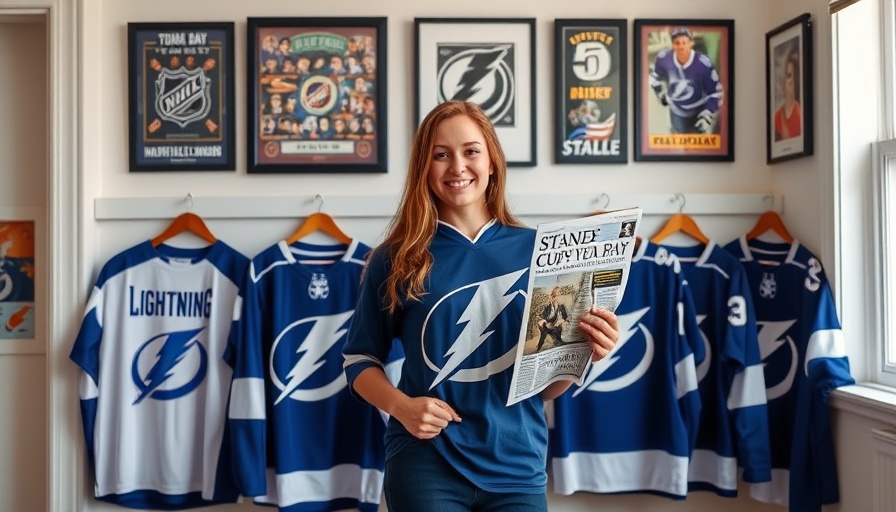 Young fan displays Tampa Bay Lightning jersey collection and newspaper.