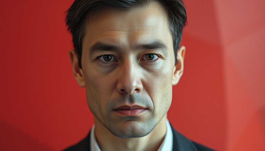 Portrait of man, neutral expression, red geometric background.