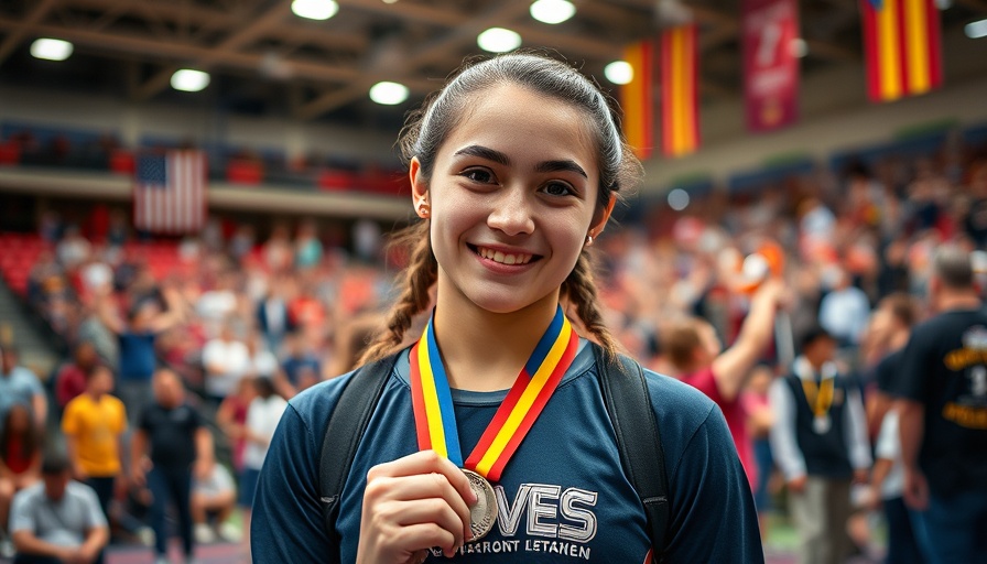 Young Naples wrestler proudly shows medal in indoor venue.