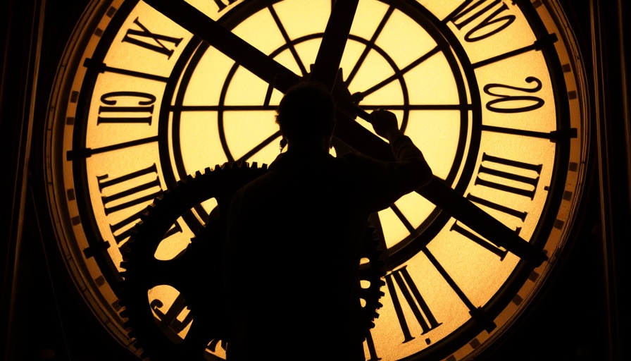 Silhouette in clock tower adjusts gears, evoking daylight saving time.