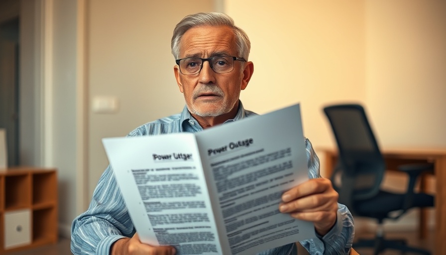 Concerned man holding letter on power outage in 55+ community.