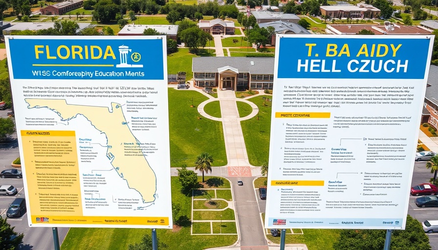 Informative posters on Florida education bills above a school campus.