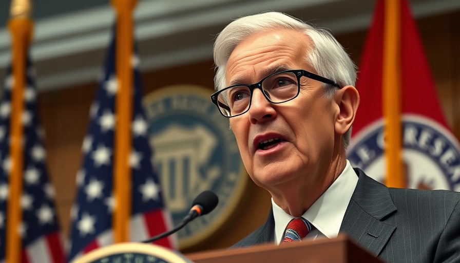 Fed Chair Powell at podium amid Trump controversy.
