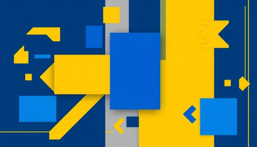 Modern design with abstract shapes and blue-yellow hues.