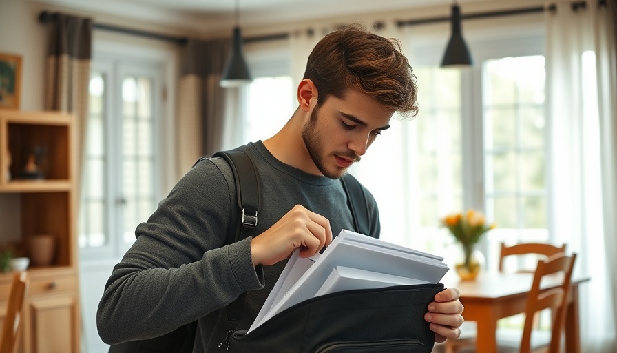 Young man organizing papers into backpack in a home setting.