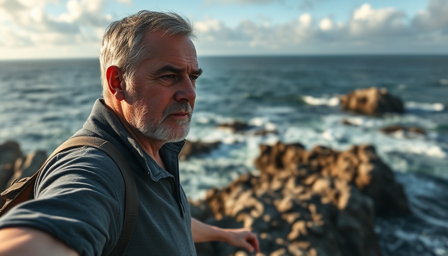 Middle-aged man's coastal exploration in Newport R.I. with ocean view