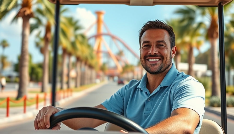 Man driving cart at Busch Gardens Tampa Bay with coaster background.