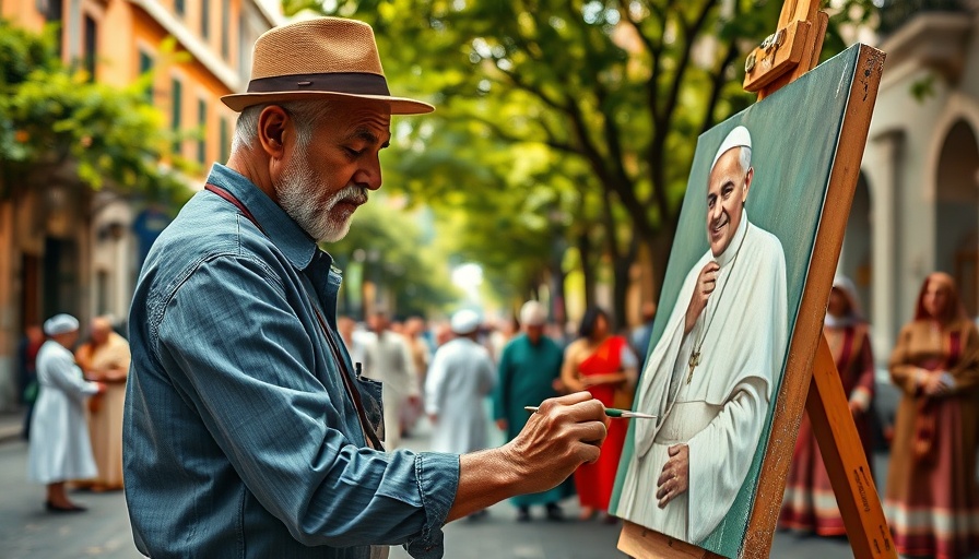 Artist painting tribute to Pope Francis on city street, local event.