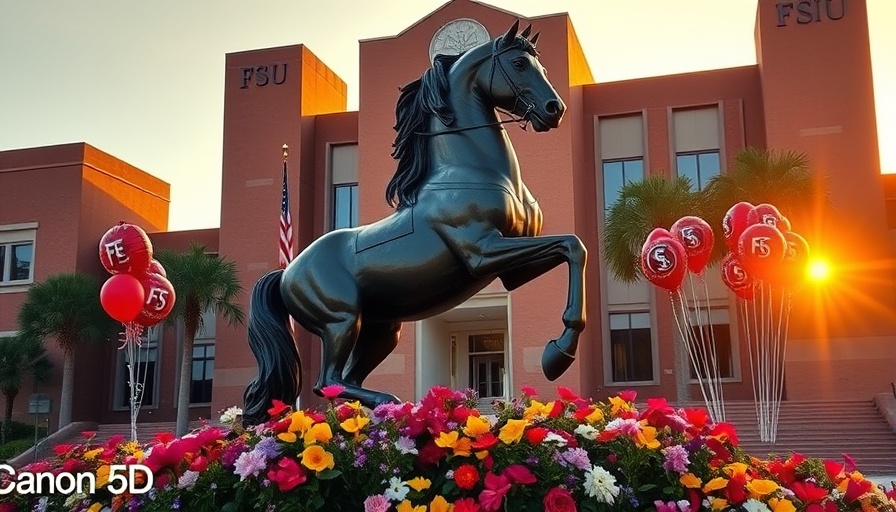 FSU classes resume with a decorated campus statue at sunset.