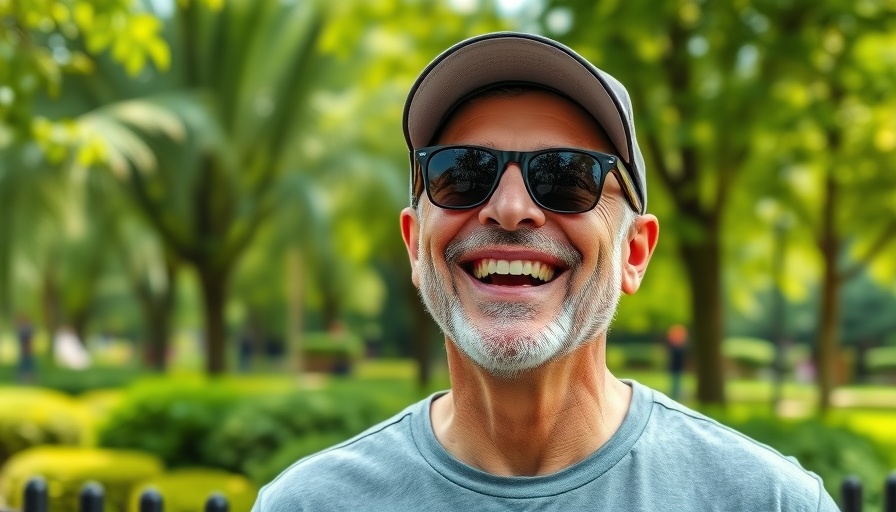 Middle-aged man in a park, wearing sunglasses, laughing joyfully.