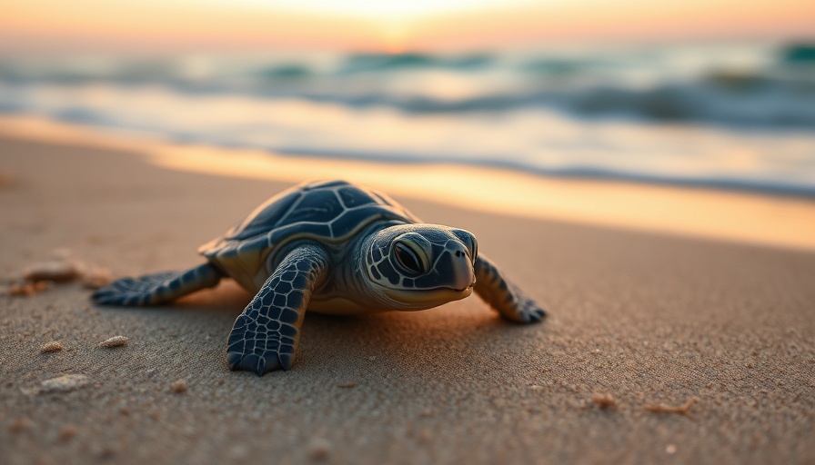 Tiny sea turtle hatchling crawling towards ocean at sunrise.
