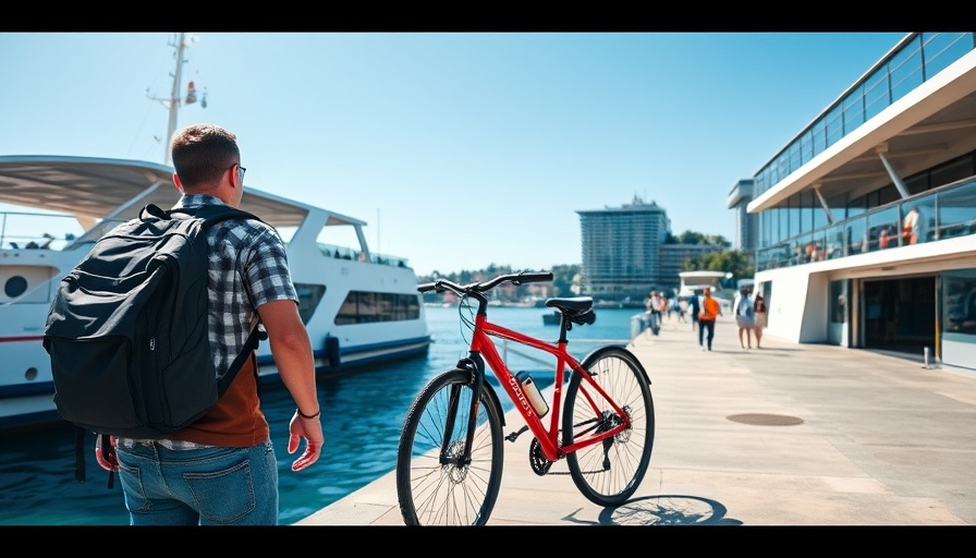 Person boarding Cross Bay Ferry with bicycle under clear skies.