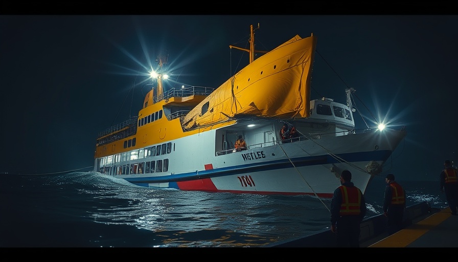 Clearwater ferry crash: Damaged ferry with rescue workers at night.