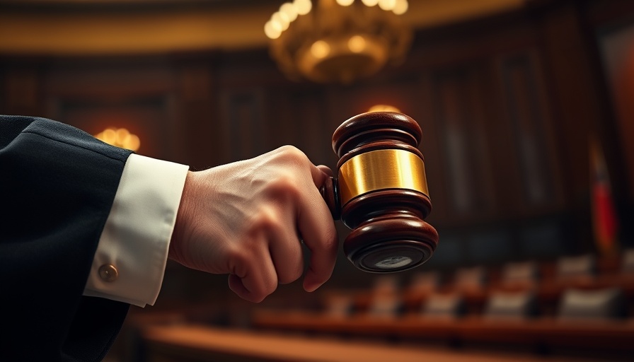 Close-up of judge's hand with gavel in courtroom setting.