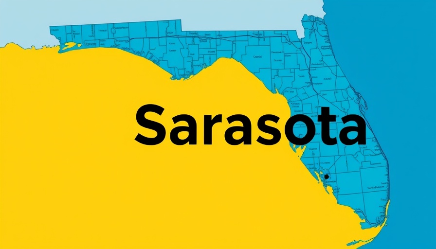 Map highlighting Sarasota with bold text, eliminate Florida Real Estate Commission concept.