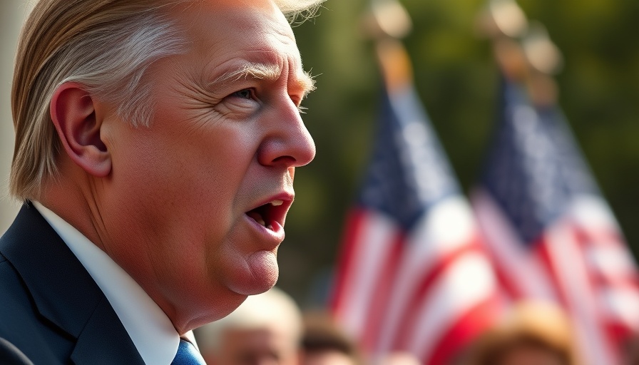 Middle-aged man in suit with flags in background at public event