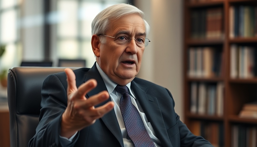 Elderly man speaking passionately about Warren Buffett retirement news, serene office setting.