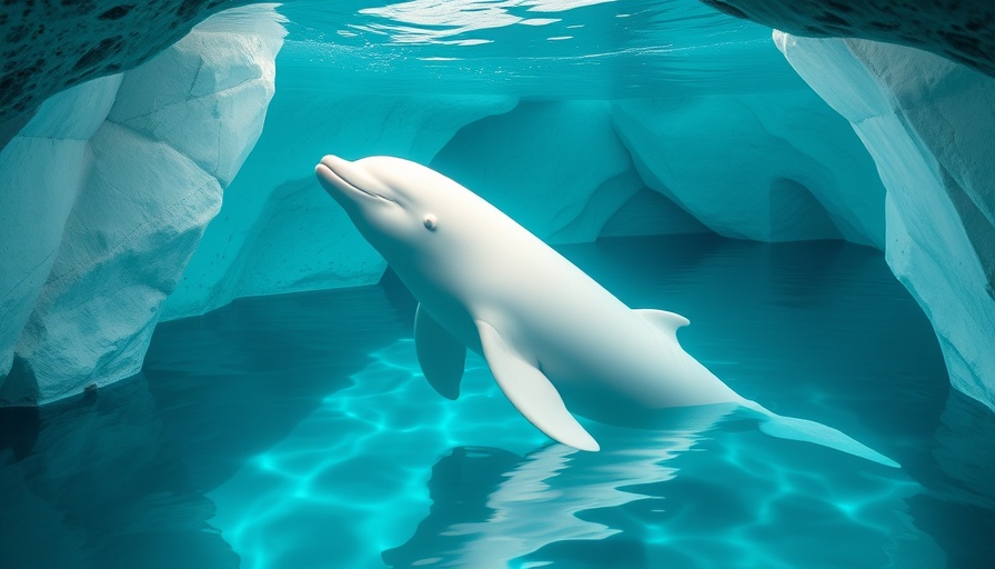 Beluga whale swimming in turquoise pool at SeaWorld Expedition Odyssey.
