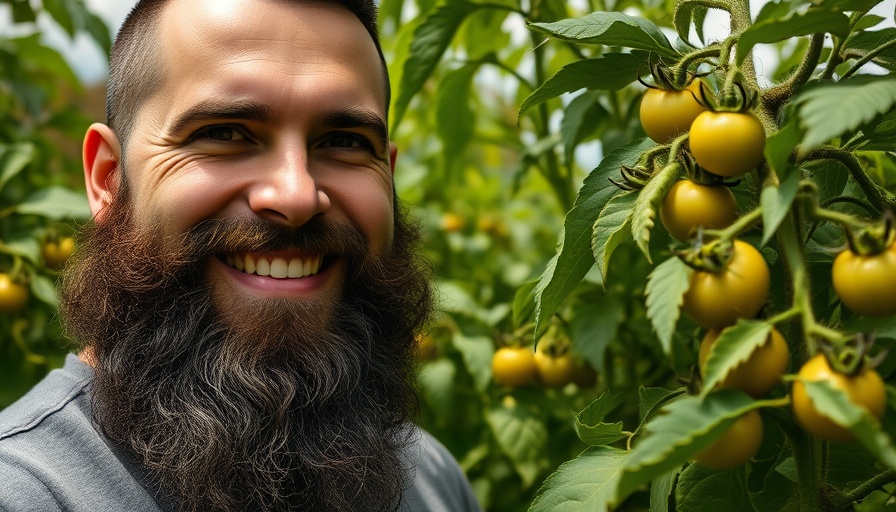 Lush garden setting with smiling man and beard for Wahl Beard Contest.