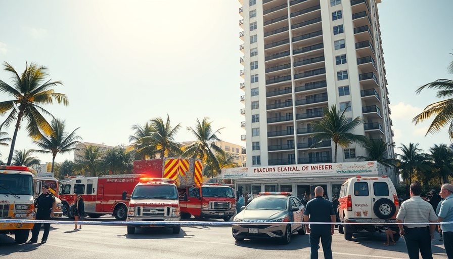 Clearwater condominium building evacuation scene with emergency vehicles.