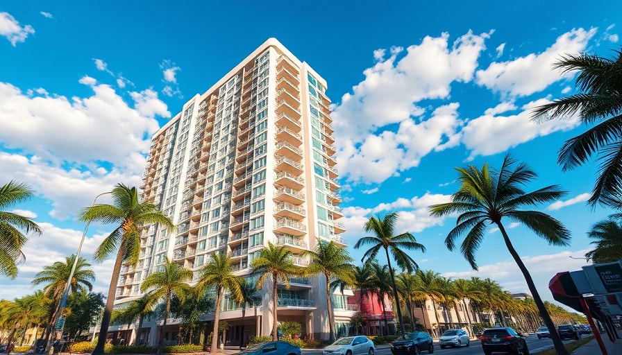 High-rise condo near street in Clearwater outlined by palm trees.