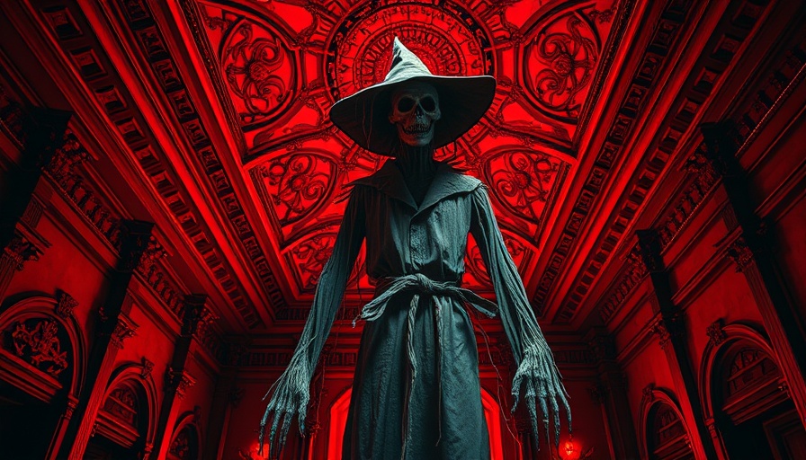 Creepy scarecrow figure in red-tinted spooky setting for Howl-O-Scream ticket deals.