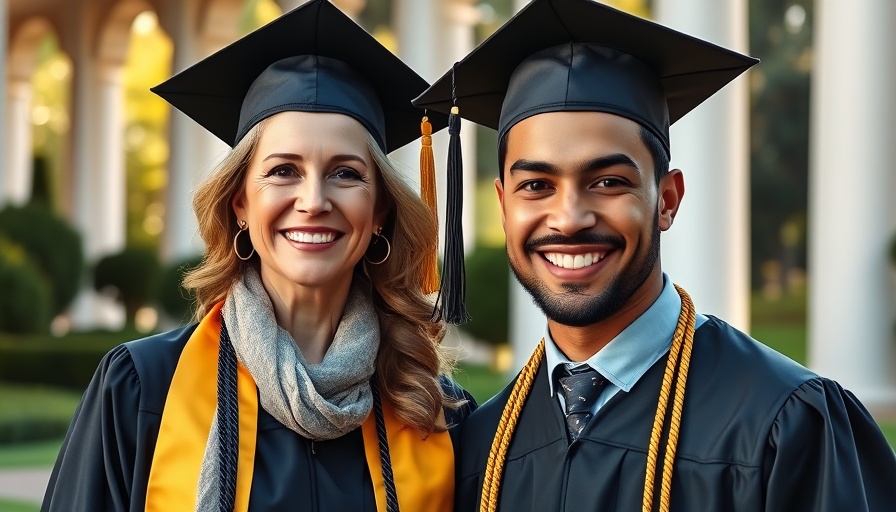 Mother and son in graduation attire celebrate achievement.