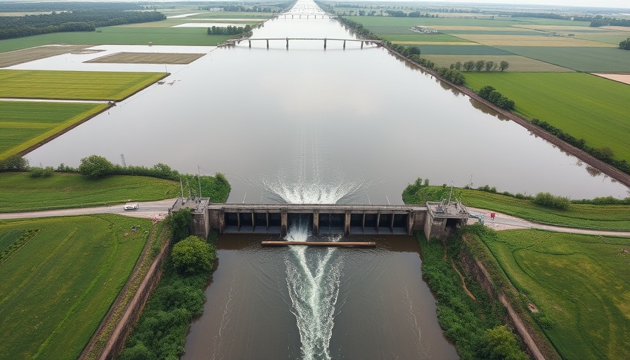 Tampa flood control improvements with a water channel and green fields.