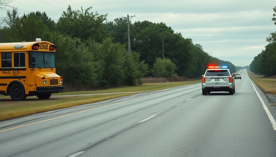 Rural road with police SUV and school bus, plane crash in Yulee.