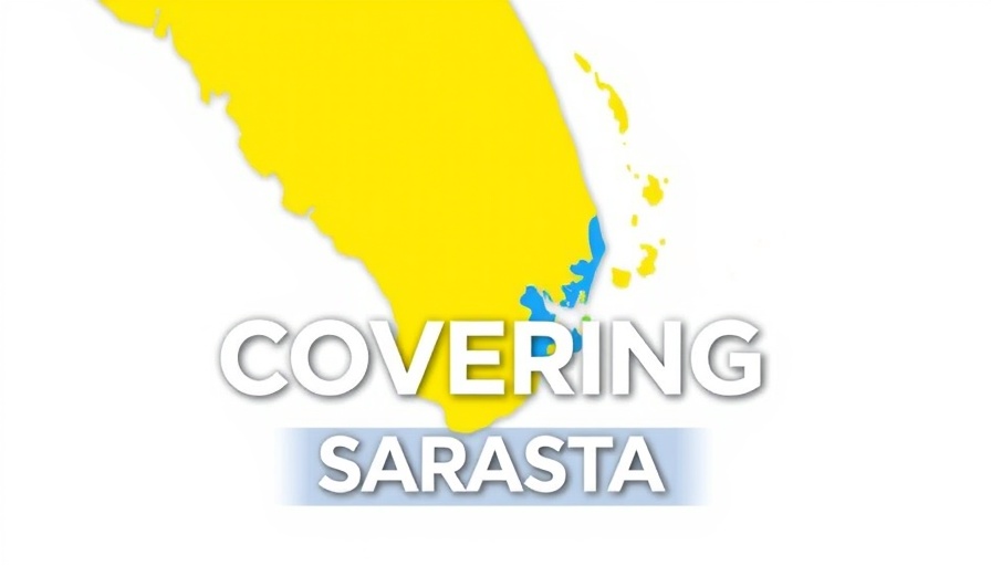 Modern Sarasota news graphic map in bold blue and yellow.