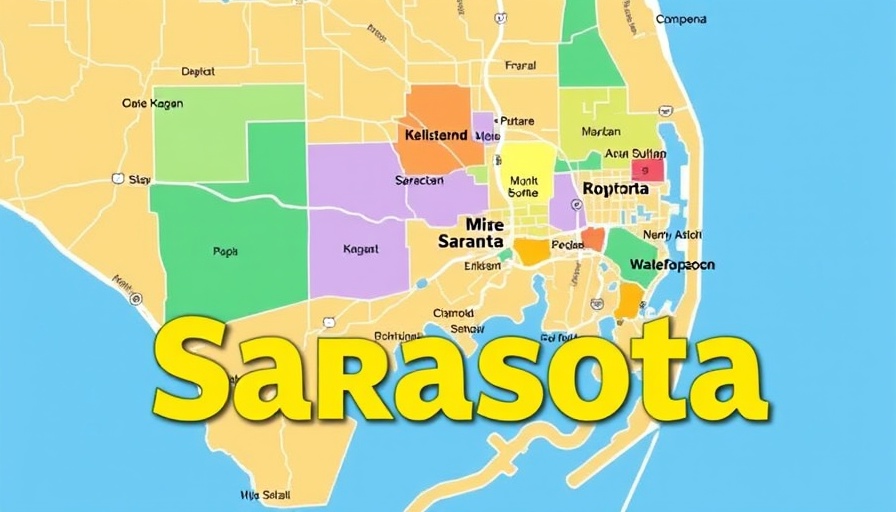 Colorful map of Sarasota with bold covering text.