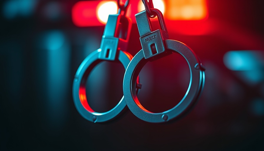Metal handcuffs under police lights, representing law enforcement and crime.
