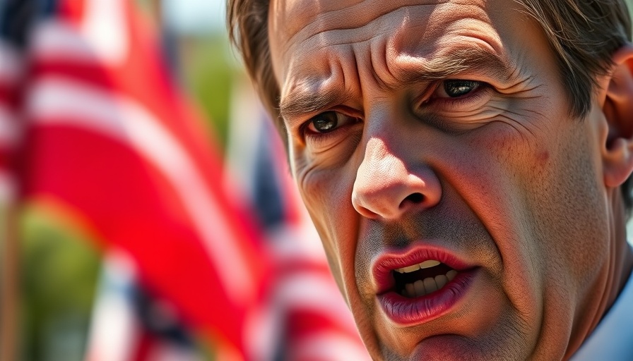 Man discussing Florida fluoride ban, intense expression, flags in background.