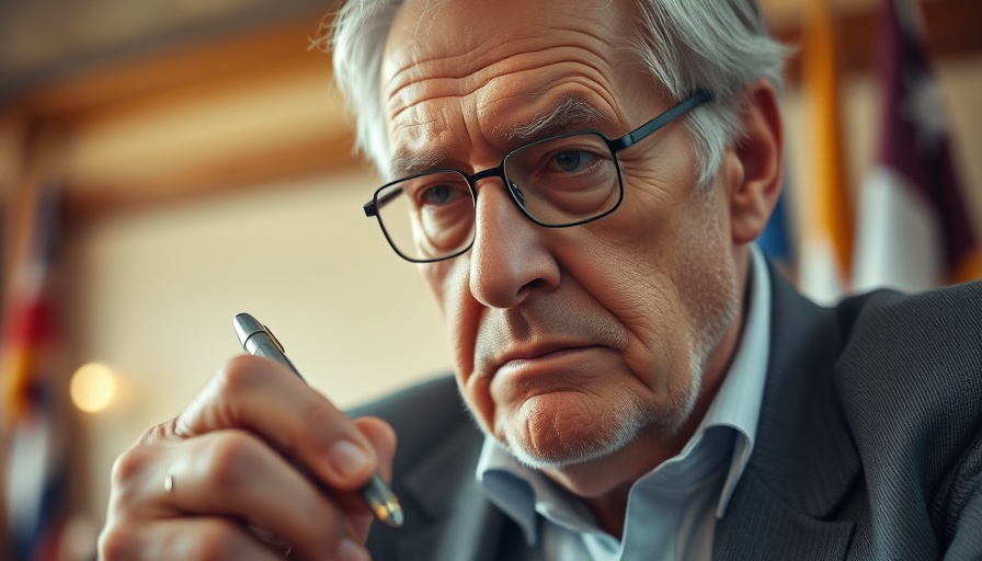 Thoughtful elderly man with pen, indoor setting.