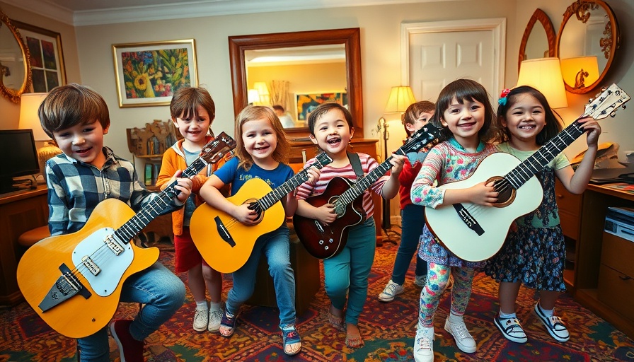 Tampa Music School students using unique instruments in a colorful room.